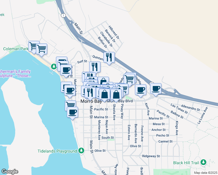 map of restaurants, bars, coffee shops, grocery stores, and more near 980 Napa Avenue in Morro Bay
