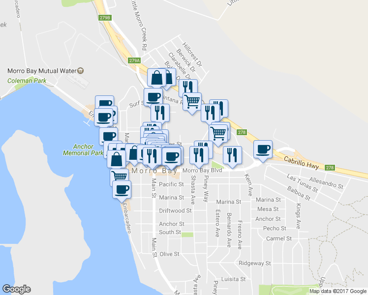 map of restaurants, bars, coffee shops, grocery stores, and more near 980 Napa Avenue in Morro Bay