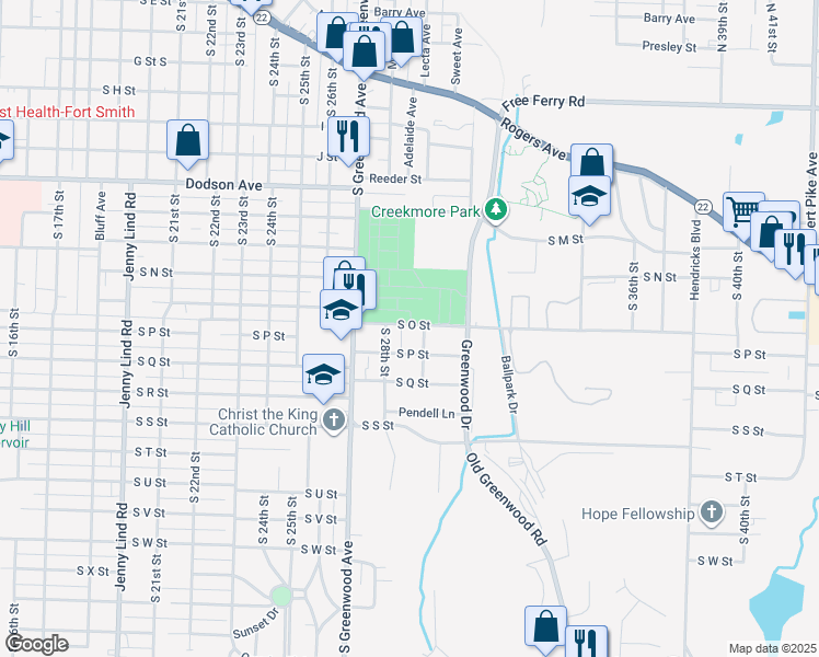 map of restaurants, bars, coffee shops, grocery stores, and more near 2901 South P Street in Fort Smith