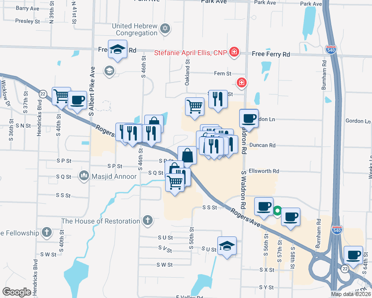 map of restaurants, bars, coffee shops, grocery stores, and more near 4801 Rogers Avenue in Fort Smith