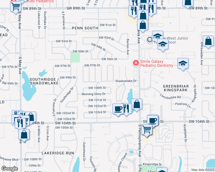 map of restaurants, bars, coffee shops, grocery stores, and more near 2305 Morning Glory Drive in Oklahoma City