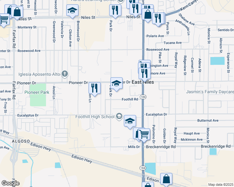 map of restaurants, bars, coffee shops, grocery stores, and more near 6001 Pioneer Drive in Bakersfield