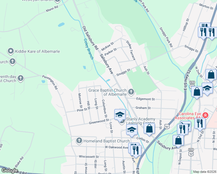 map of restaurants, bars, coffee shops, grocery stores, and more near 1305/1307 Salisbury Avenue in Albemarle