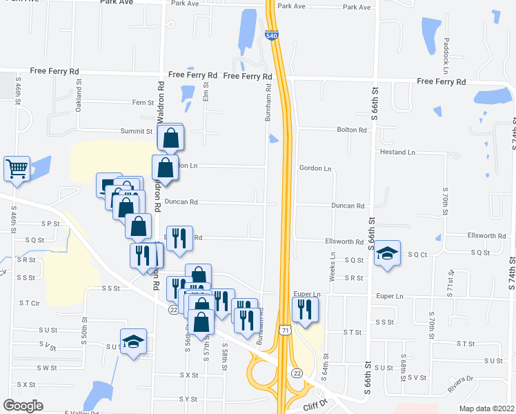 map of restaurants, bars, coffee shops, grocery stores, and more near 5920 Duncan Road in Fort Smith