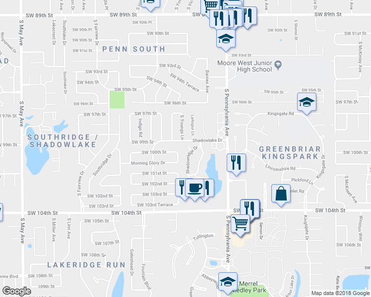 map of restaurants, bars, coffee shops, grocery stores, and more near 2233 Shadowridge Court in Oklahoma City