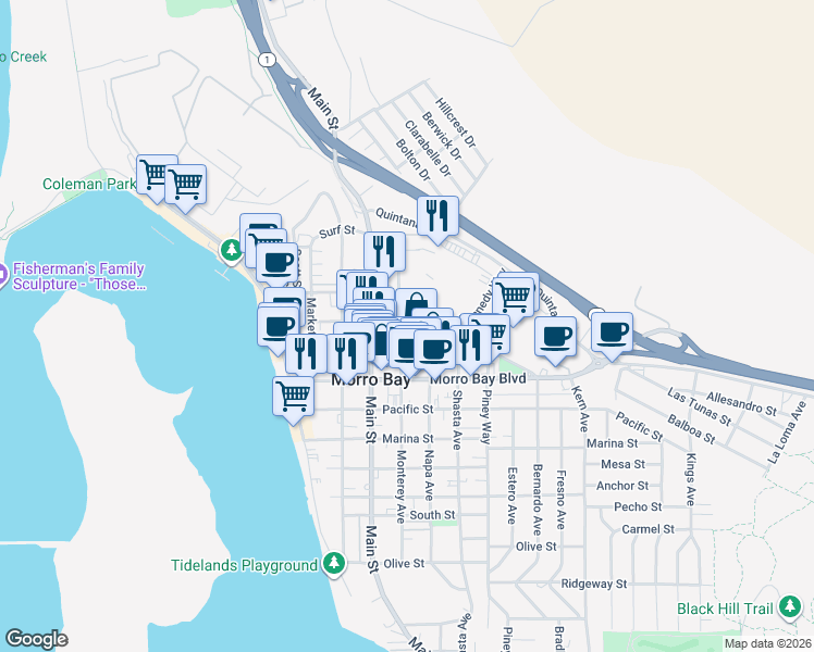 map of restaurants, bars, coffee shops, grocery stores, and more near 980 Monterey Avenue in Morro Bay