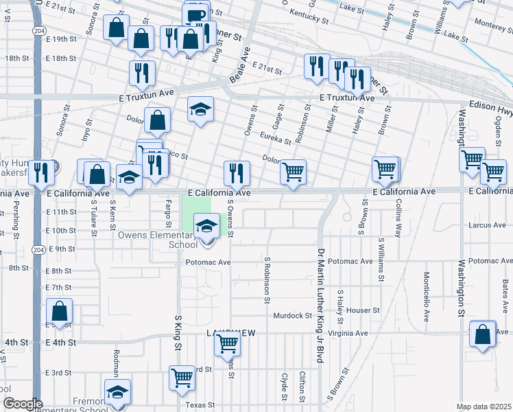 map of restaurants, bars, coffee shops, grocery stores, and more near 1418 East 11th Street in Bakersfield