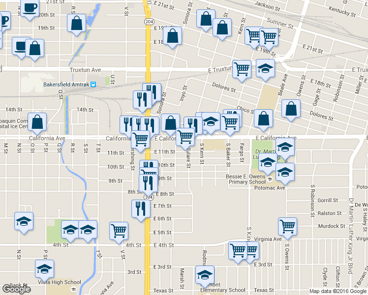 map of restaurants, bars, coffee shops, grocery stores, and more near 1020 South Tulare Street in Bakersfield
