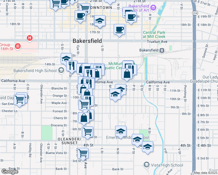map of restaurants, bars, coffee shops, grocery stores, and more near 1010 L Street in Bakersfield