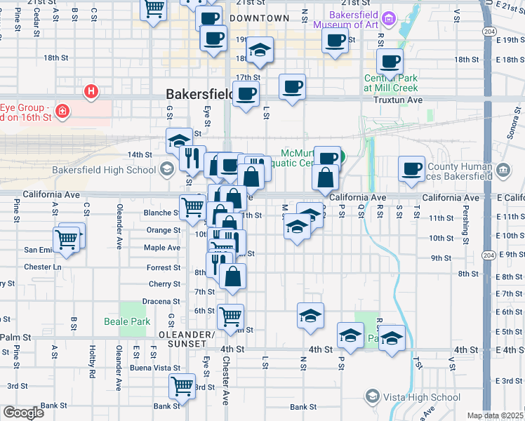 map of restaurants, bars, coffee shops, grocery stores, and more near 1010 L Street in Bakersfield