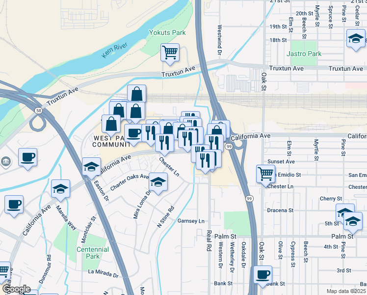 map of restaurants, bars, coffee shops, grocery stores, and more near 3797-3897 California Ave in Bakersfield