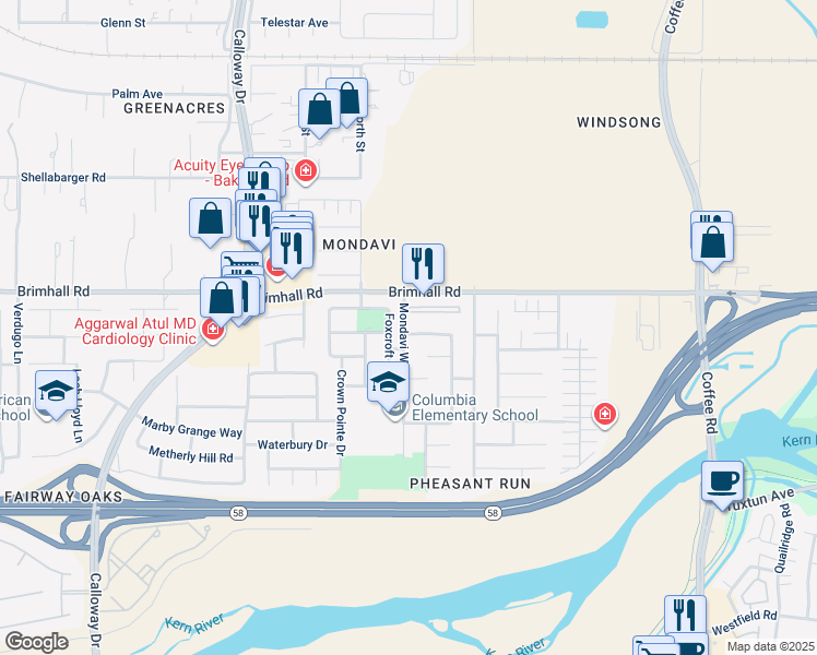 map of restaurants, bars, coffee shops, grocery stores, and more near 9016 Caymus Court in Bakersfield
