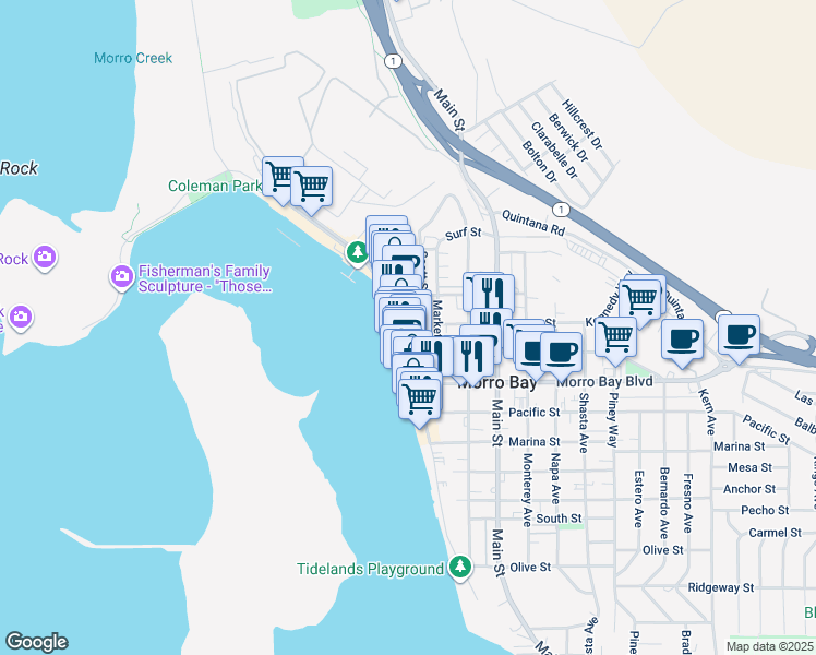 map of restaurants, bars, coffee shops, grocery stores, and more near 908 Embarcadero in Morro Bay