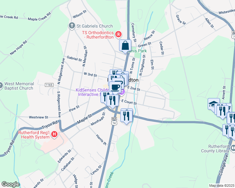 map of restaurants, bars, coffee shops, grocery stores, and more near 160 North Main Street in Rutherfordton
