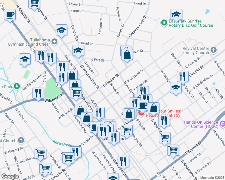map of restaurants, bars, coffee shops, grocery stores, and more near 311 North Polk Street in Tullahoma