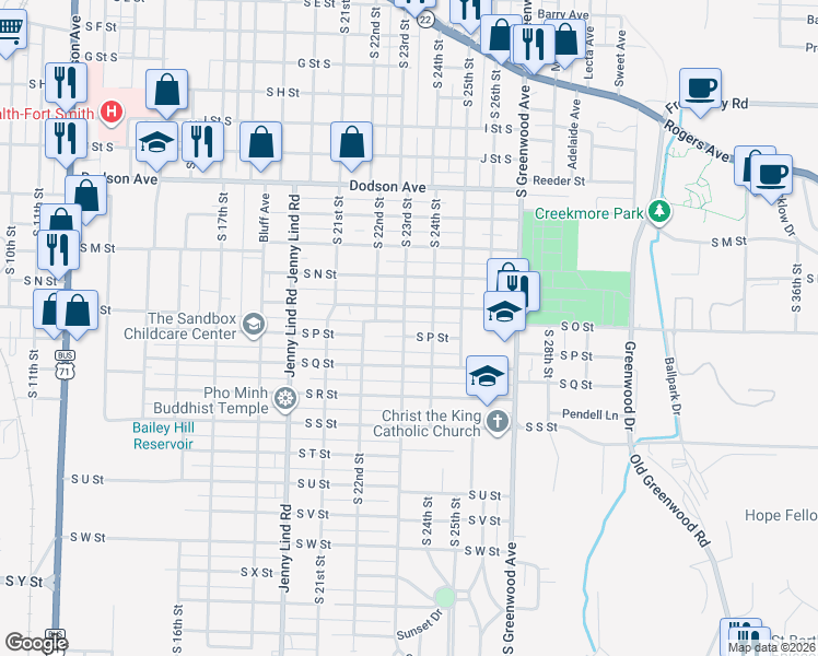 map of restaurants, bars, coffee shops, grocery stores, and more near 1700 South 23rd Street in Fort Smith