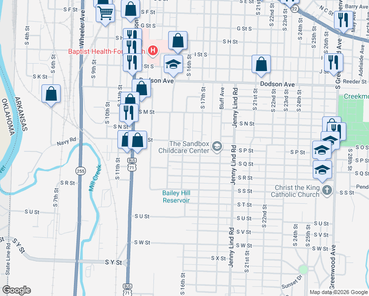 map of restaurants, bars, coffee shops, grocery stores, and more near 1517 South Q Street in Fort Smith