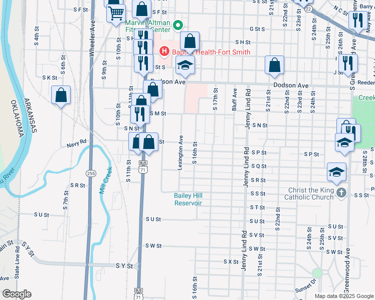 map of restaurants, bars, coffee shops, grocery stores, and more near 1517 South Q Street in Fort Smith