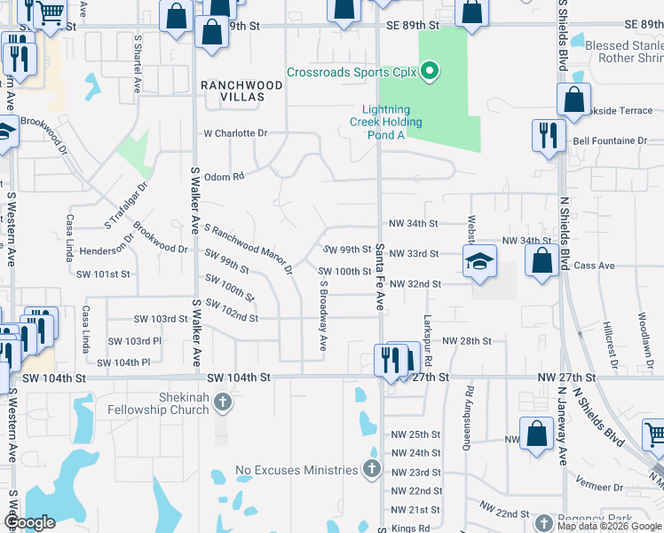 map of restaurants, bars, coffee shops, grocery stores, and more near 10109 South Broadway Avenue in Oklahoma City