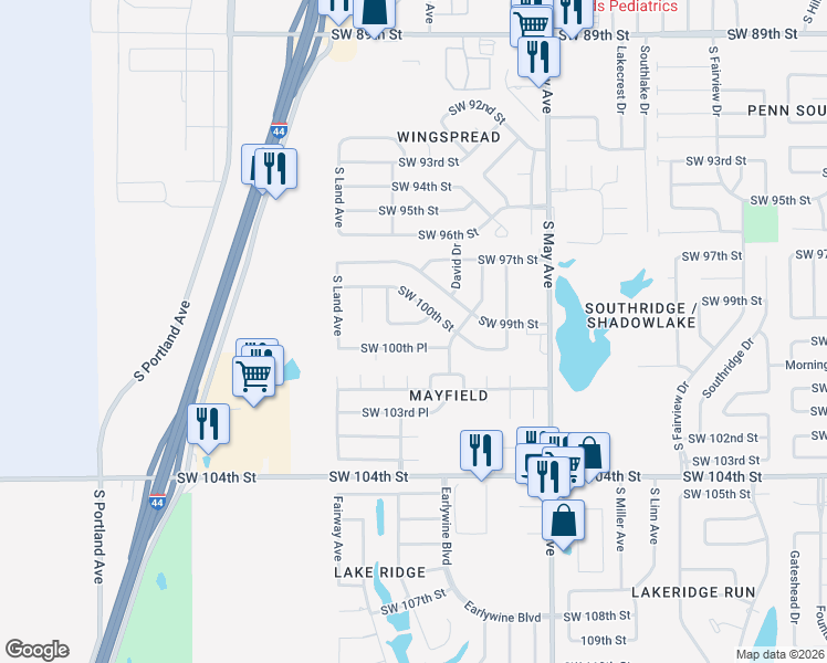 map of restaurants, bars, coffee shops, grocery stores, and more near 3116 Southwest 100th Place in Oklahoma City