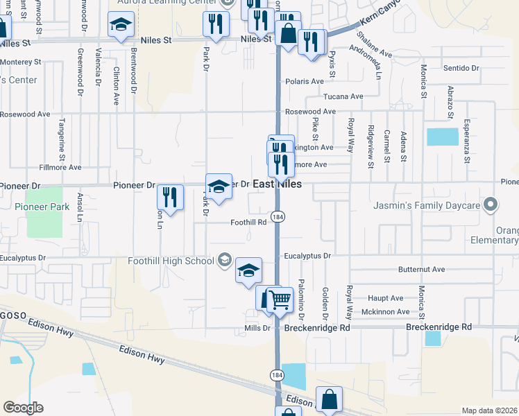 map of restaurants, bars, coffee shops, grocery stores, and more near 600 Morning Drive in Bakersfield