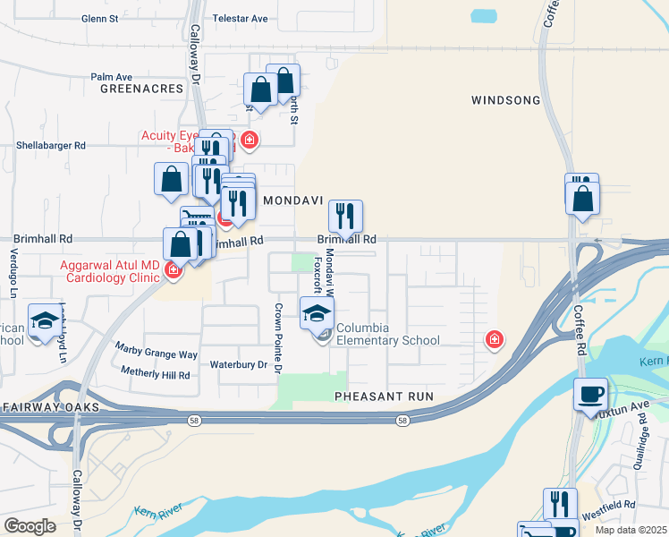 map of restaurants, bars, coffee shops, grocery stores, and more near 9016 Caymus Court in Bakersfield