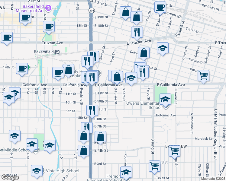 map of restaurants, bars, coffee shops, grocery stores, and more near 324 East 11th Street in Bakersfield