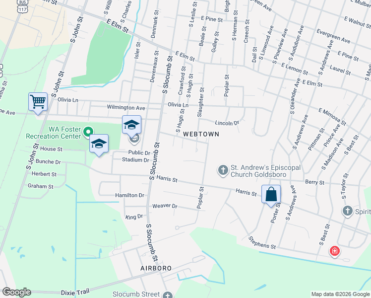 map of restaurants, bars, coffee shops, grocery stores, and more near 801 Westview Court in Goldsboro