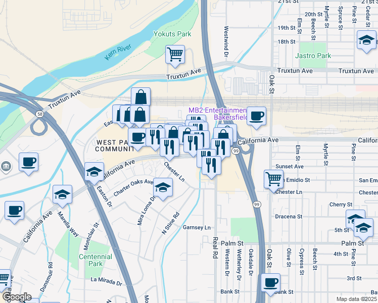 map of restaurants, bars, coffee shops, grocery stores, and more near 3800 California Avenue in Bakersfield