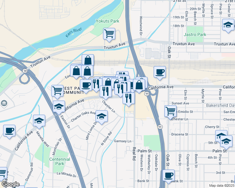 map of restaurants, bars, coffee shops, grocery stores, and more near 3800 California Avenue in Bakersfield