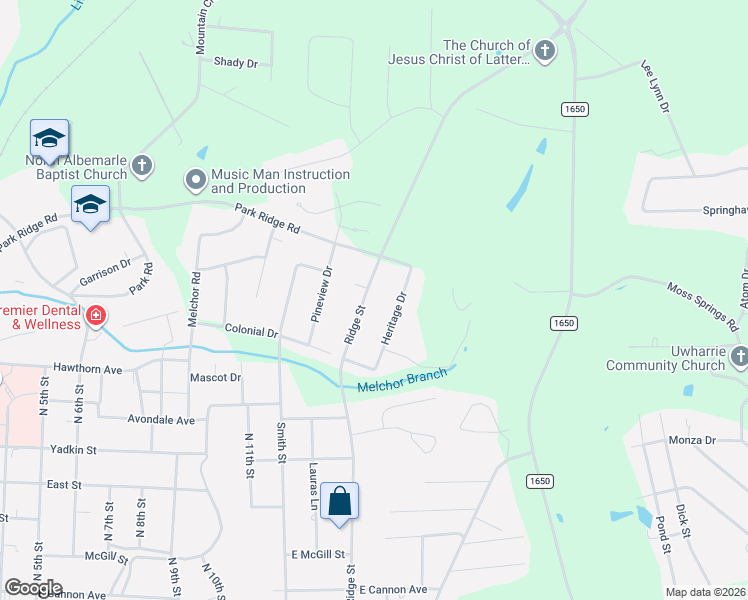 map of restaurants, bars, coffee shops, grocery stores, and more near 1220 Ridge Street in Albemarle