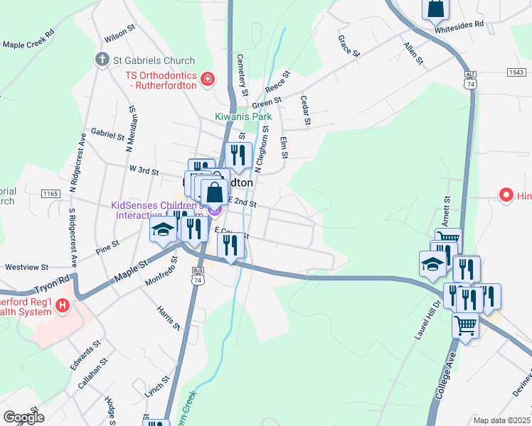 map of restaurants, bars, coffee shops, grocery stores, and more near 230 North Cleghorn Street in Rutherfordton