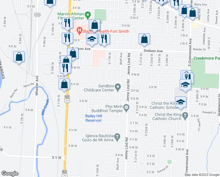 map of restaurants, bars, coffee shops, grocery stores, and more near 1705 South P Street in Fort Smith