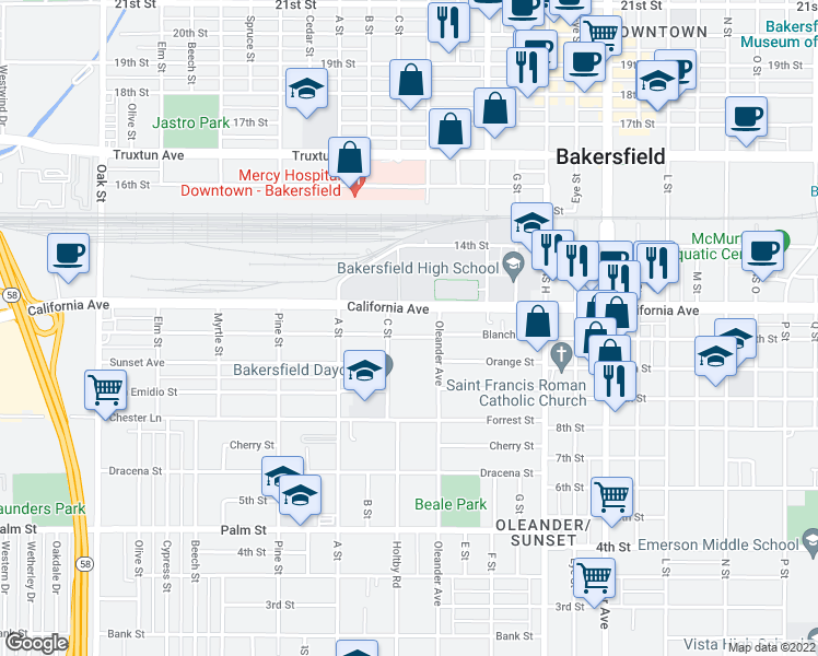 map of restaurants, bars, coffee shops, grocery stores, and more near 2121 California Avenue in Bakersfield