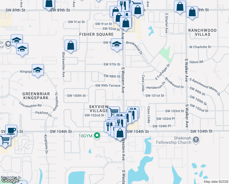 map of restaurants, bars, coffee shops, grocery stores, and more near 10001 South Clegern Street in Oklahoma City
