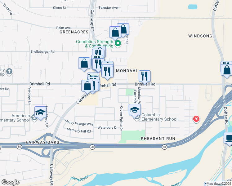 map of restaurants, bars, coffee shops, grocery stores, and more near 1108 Woodmont Drive in Bakersfield