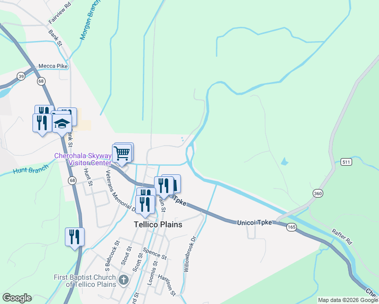 map of restaurants, bars, coffee shops, grocery stores, and more near 410 Babcock Street in Tellico Plains
