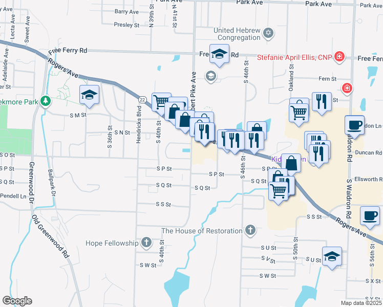 map of restaurants, bars, coffee shops, grocery stores, and more near 1607 S Albert Pike Ave in Fort Smith