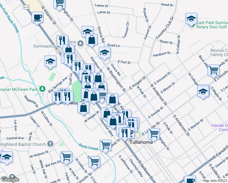 map of restaurants, bars, coffee shops, grocery stores, and more near 108 Brown Street in Tullahoma