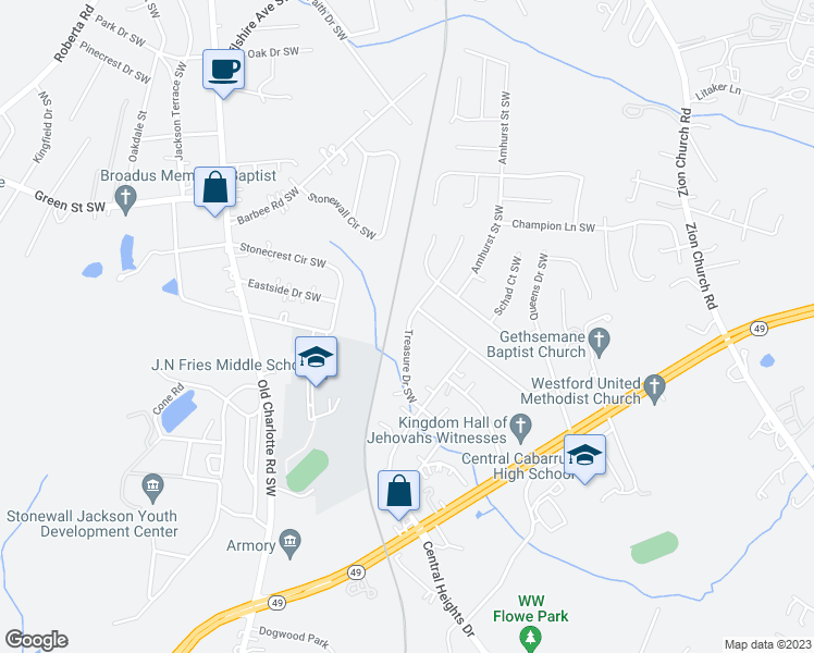 map of restaurants, bars, coffee shops, grocery stores, and more near 789 Treasure Drive Southwest in Concord