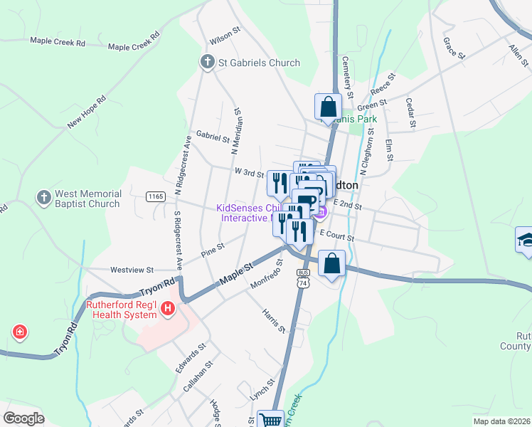 map of restaurants, bars, coffee shops, grocery stores, and more near 144 North Mitchell Street in Rutherfordton