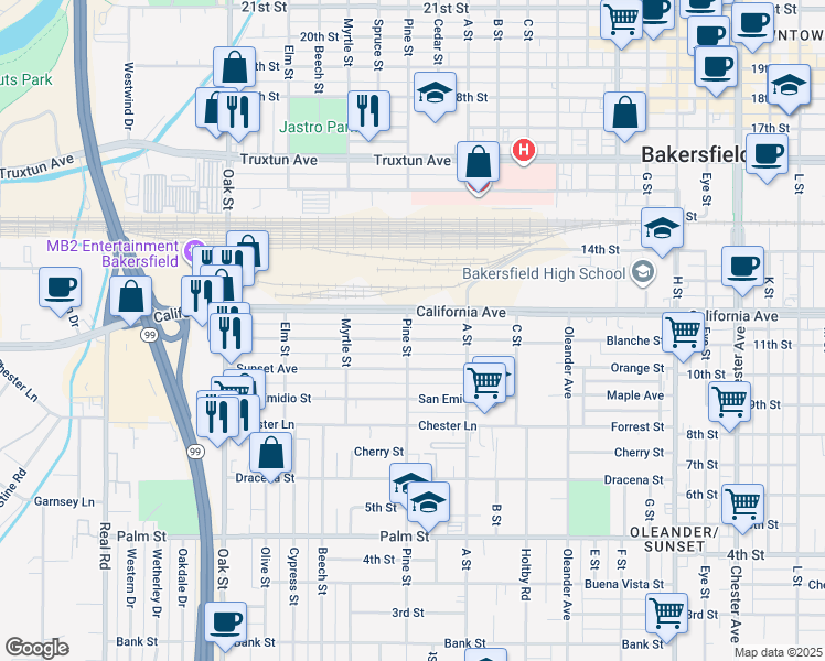 map of restaurants, bars, coffee shops, grocery stores, and more near 2425 California Avenue in Bakersfield