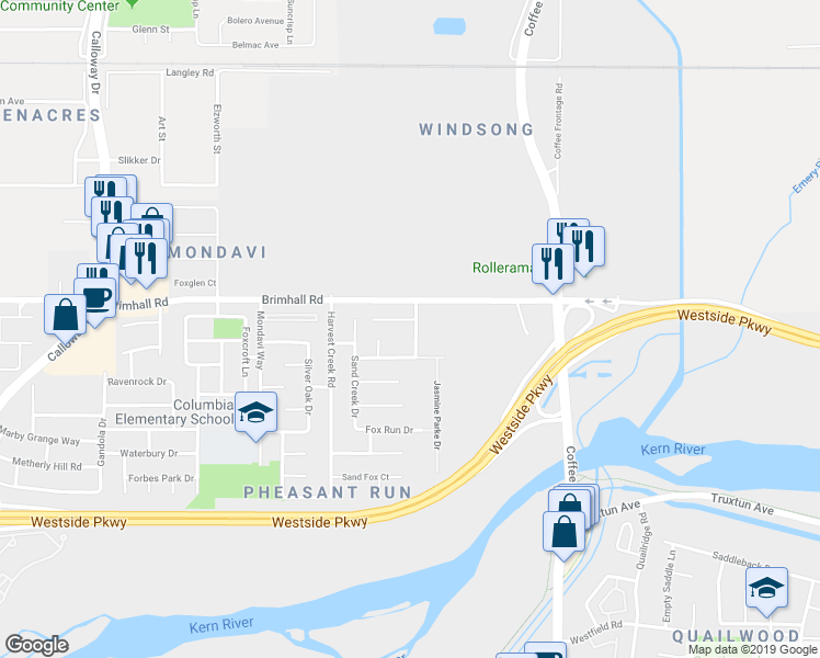 map of restaurants, bars, coffee shops, grocery stores, and more near 8608 Lyn River Court in Bakersfield