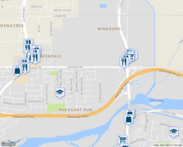 map of restaurants, bars, coffee shops, grocery stores, and more near 8608 Lyn River Court in Bakersfield
