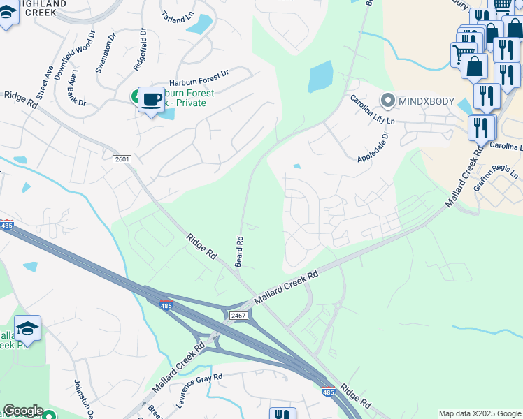 map of restaurants, bars, coffee shops, grocery stores, and more near 2900 Beard Road in Charlotte