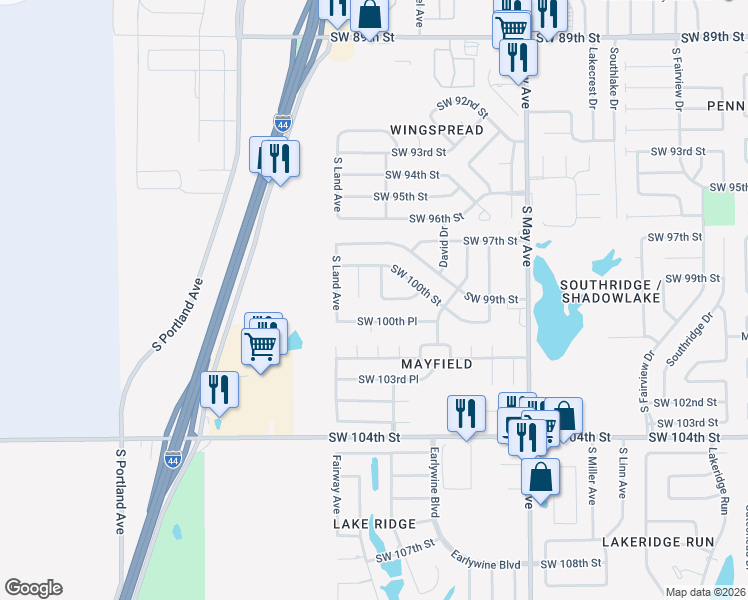 map of restaurants, bars, coffee shops, grocery stores, and more near 10113 South Rachel Court in Oklahoma City