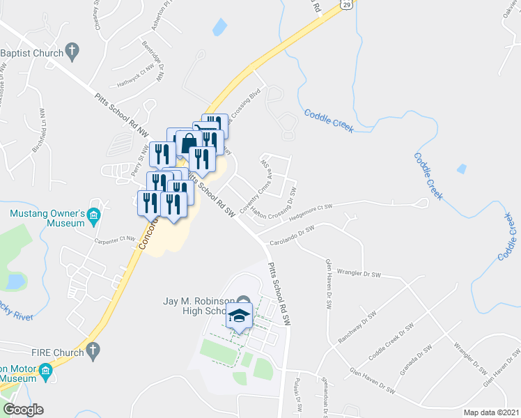 map of restaurants, bars, coffee shops, grocery stores, and more near 217 Halton Crossing Drive Southwest in Concord
