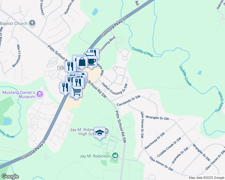 map of restaurants, bars, coffee shops, grocery stores, and more near 213 Halton Crossing Drive Southwest in Concord