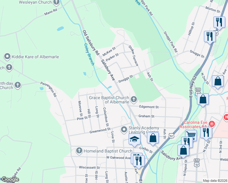map of restaurants, bars, coffee shops, grocery stores, and more near 1305/1307 Salisbury Avenue in Albemarle