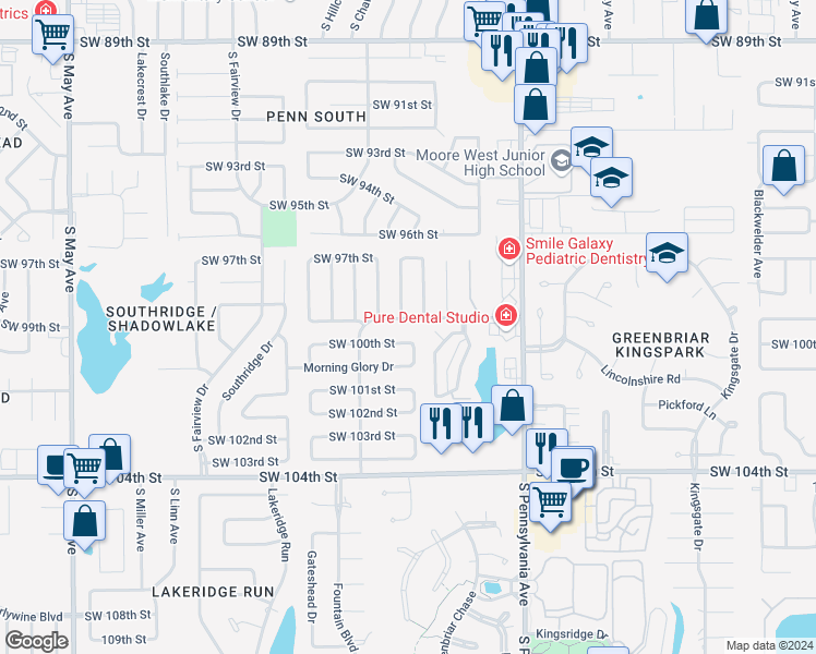 map of restaurants, bars, coffee shops, grocery stores, and more near 2312 Shadowlake Drive in Oklahoma City